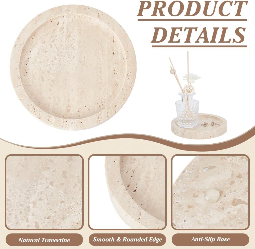 Natural Travertine Candlestick Holder 6'' Diameter Round Stone Jewelry Display Plate 1'' Thick Candle Tray with 8 Adhesive Silicone Bumper Minimalist Modern Plate Holder Home Decor