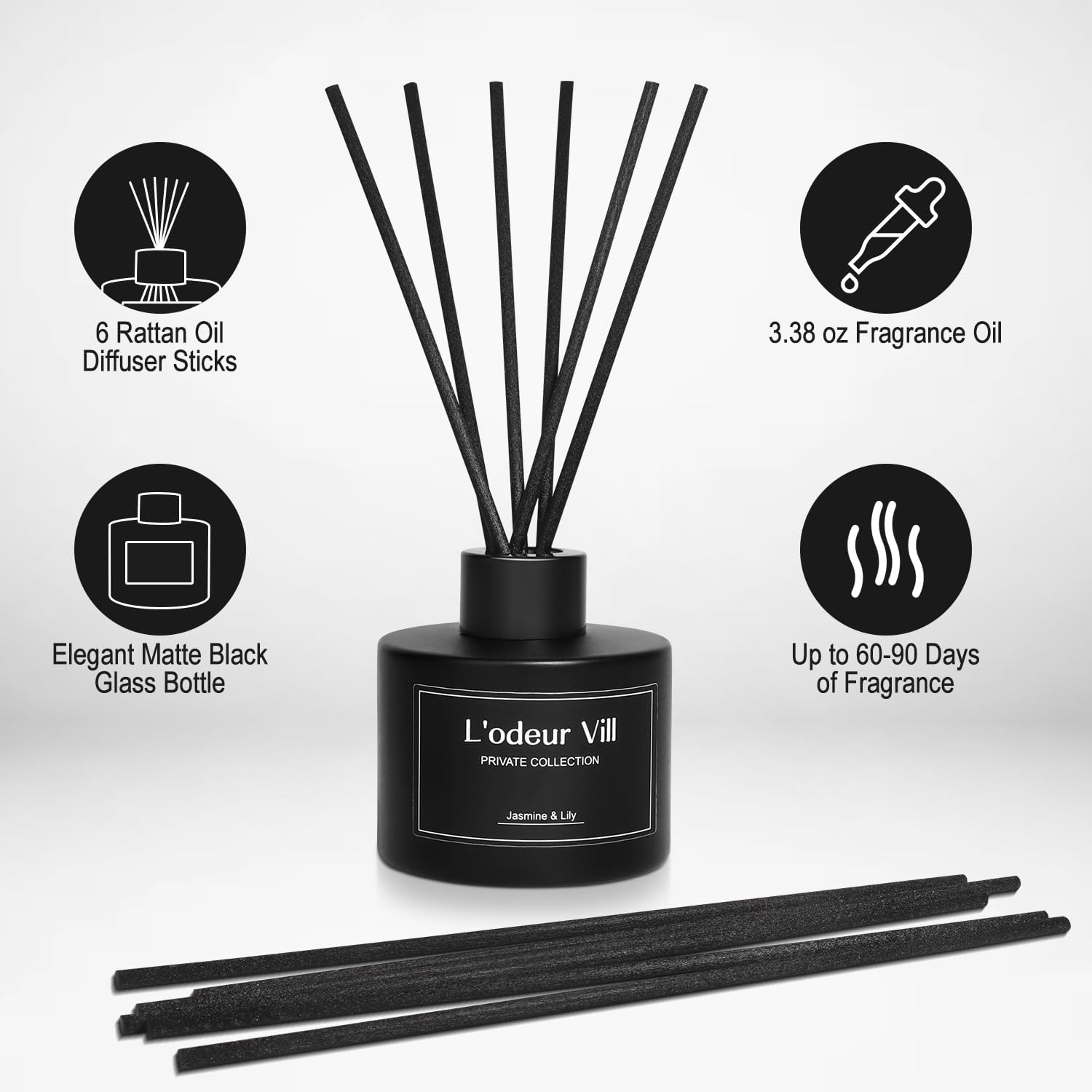 Reed Diffuser, 3.4oz(100ml) Jasmine & Lily Reed Diffuser Set with 6 Oil Diffuser Sticks, Matte Black Aroma Scent Diffuser, Long Lasting Home Fragrance for Bathroom Shelf Decor