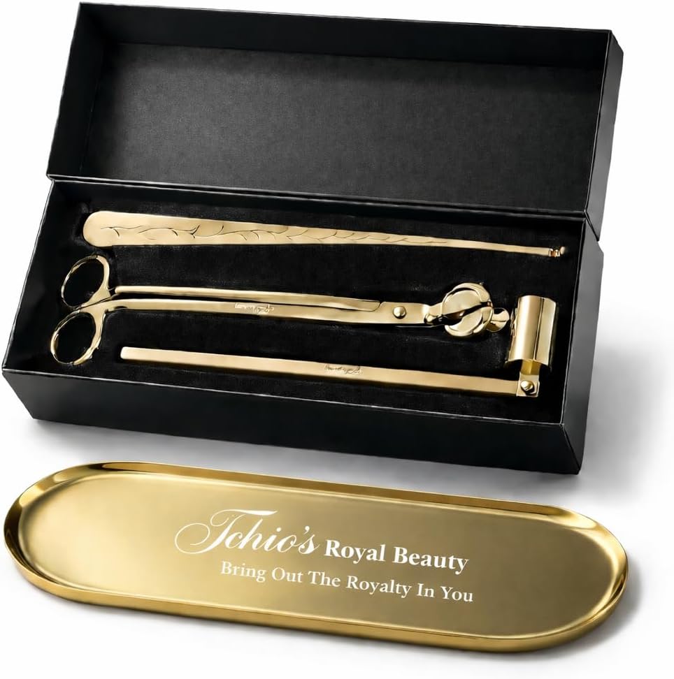 Candle Wick Trimming Set – 4-Piece Gold-Plated Kit with Decorative Tray – Wick Trimmer, Snuffer, Dipper – Luxury Gift Box Included