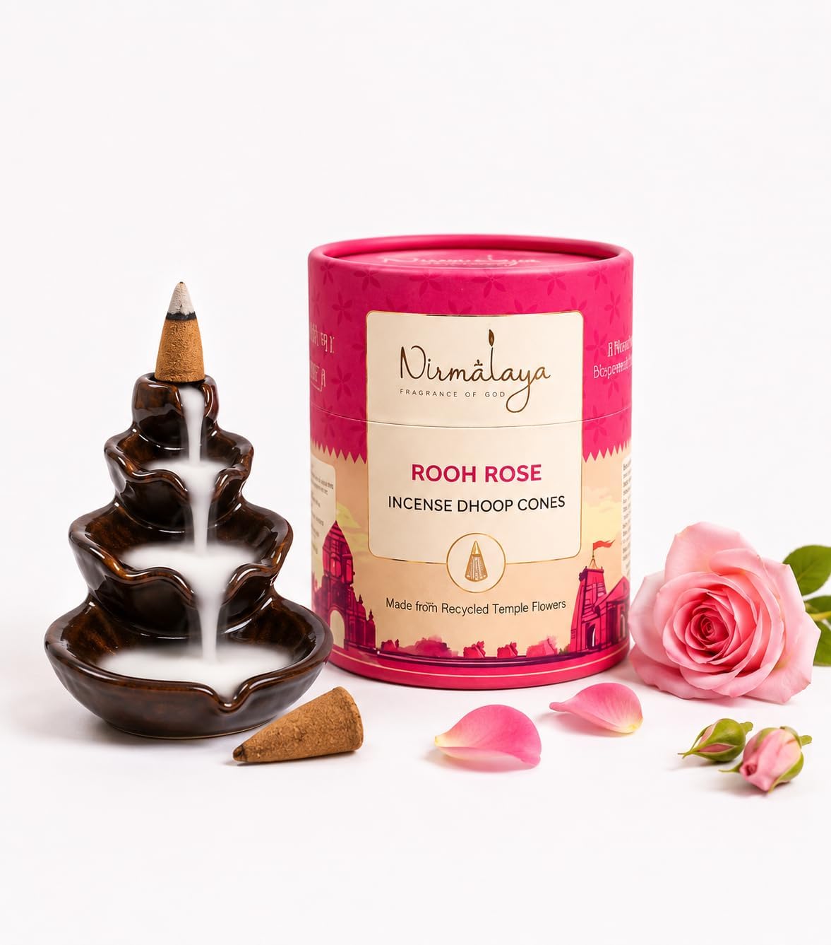 Nirmalaya Premium Rose Backflow Incense Dhoop Cones | 60 Bambooless Incense Cones | Made from Sacred Temple Flowers | Charcoal Free | 25 Min Burn Time