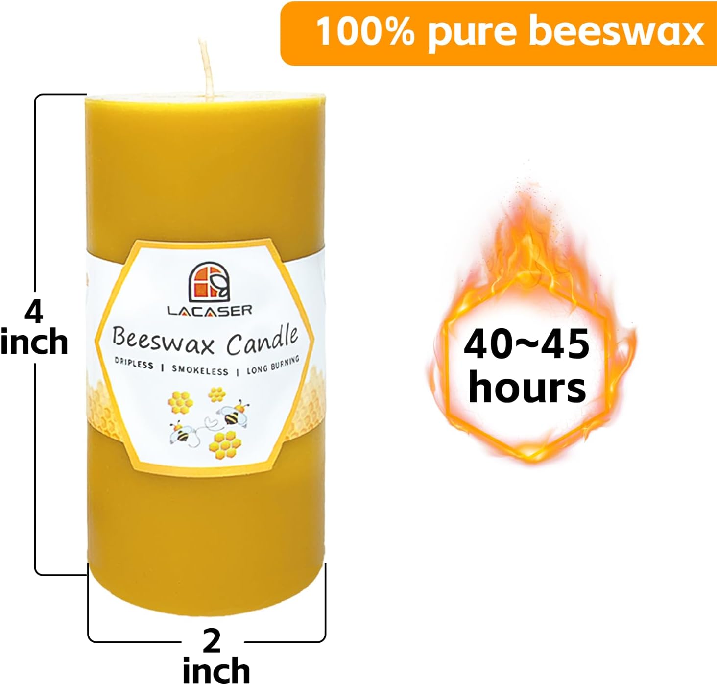 Lacaser Beeswax Pillar Candles,100% Pure Beeswax Candles,Long Burning Time 40 Hours Each,80 Hours Total for Set, Bees Wax Candle for Home, Size 2”x 4” (2 Packs), Dripless& Smokeless
