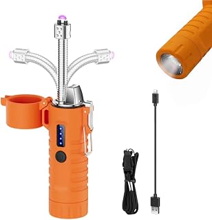 Electric Lighter, USB-C Rechargeable Plasma Arc Lighter with Flexible Neck, Windproof & Waterproof Design, Built-in Flashlight for Candles, Camping, Hiking and Outdoor Adventures (Orange)