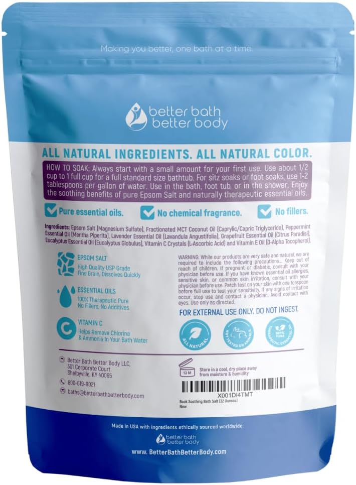 Back Soothing Bath Salt 32 Ounces Epsom Salt with Natural Bergamot, Lavender, Eucalyptus and Peppermint Essential Oils Plus Vitamin C in BPA Free Pouch with Easy Press-Lock Seal