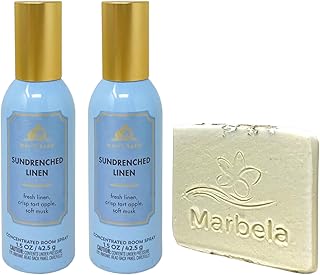 Bath & Body Works Sun-drenched Linen - 2 Pack Of Concentrate Room Spray with a Marbela Natural Oats Sample Soap.