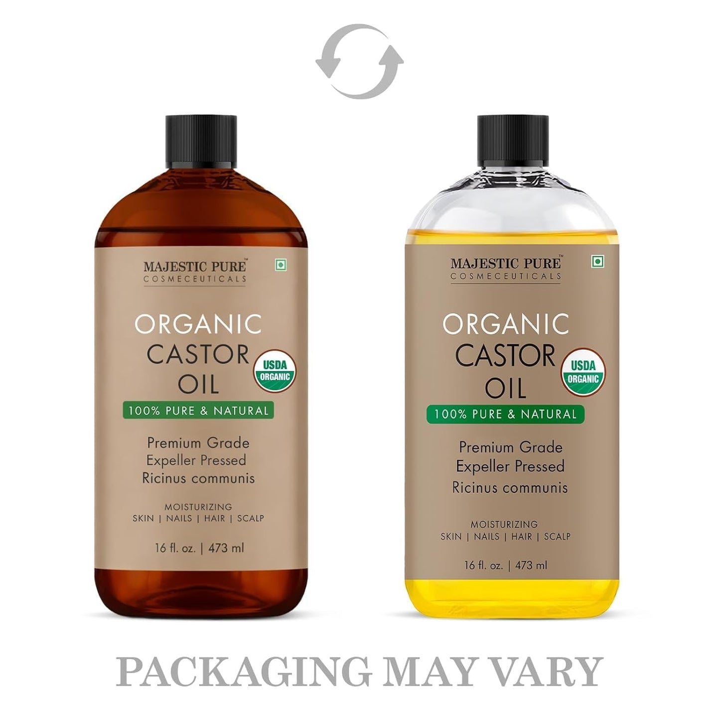 Majestic Pure Oil - 100% Pure and Natural- Cold Pressed & Hexane Free Natural Hair Growth Oil for Eyelashes, Eyebrows, Skin, Body, Face, Nails & Scalp - Organic Castor Oil 16 Fl Oz