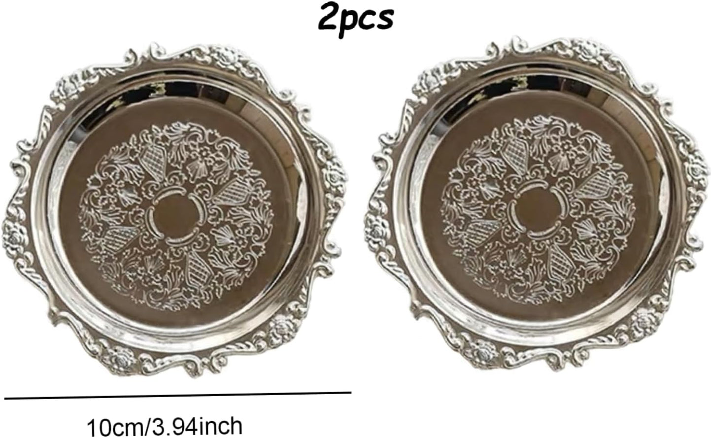 Candle Plate Candle Tray 2PCS 3.9 Inch in Dia Metal Candle Plate with Engraving Decorative Border Round Coffee Table Tray Silver Candle Holder for Christmas Wedding Party Table Decor