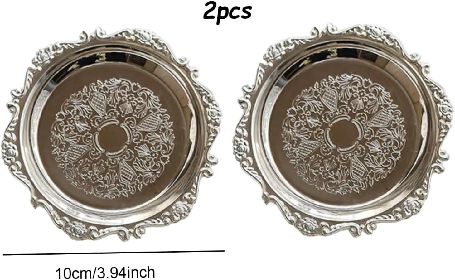 Candle Plate Candle Tray 2PCS 3.9 Inch in Dia Metal Candle Plate with Engraving Decorative Border Round Coffee Table Tray Silver Candle Holder for Christmas Wedding Party Table Decor