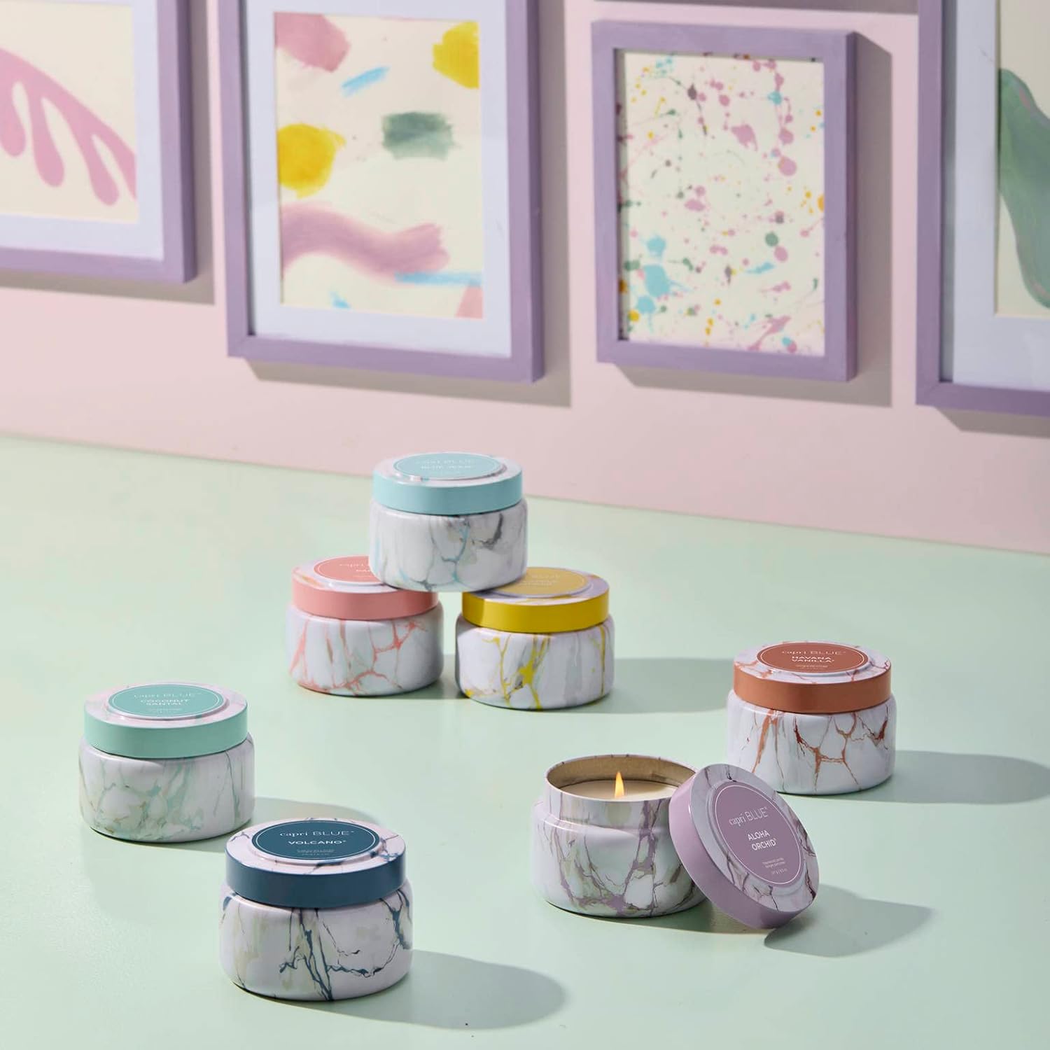 Capri Blue Modern Marble Printed Travel Tin Jar Candles - Luxury Decorative Candle for Home Scented - Long Lasting Soy Wax Blend - Volcano (8.5 oz)
