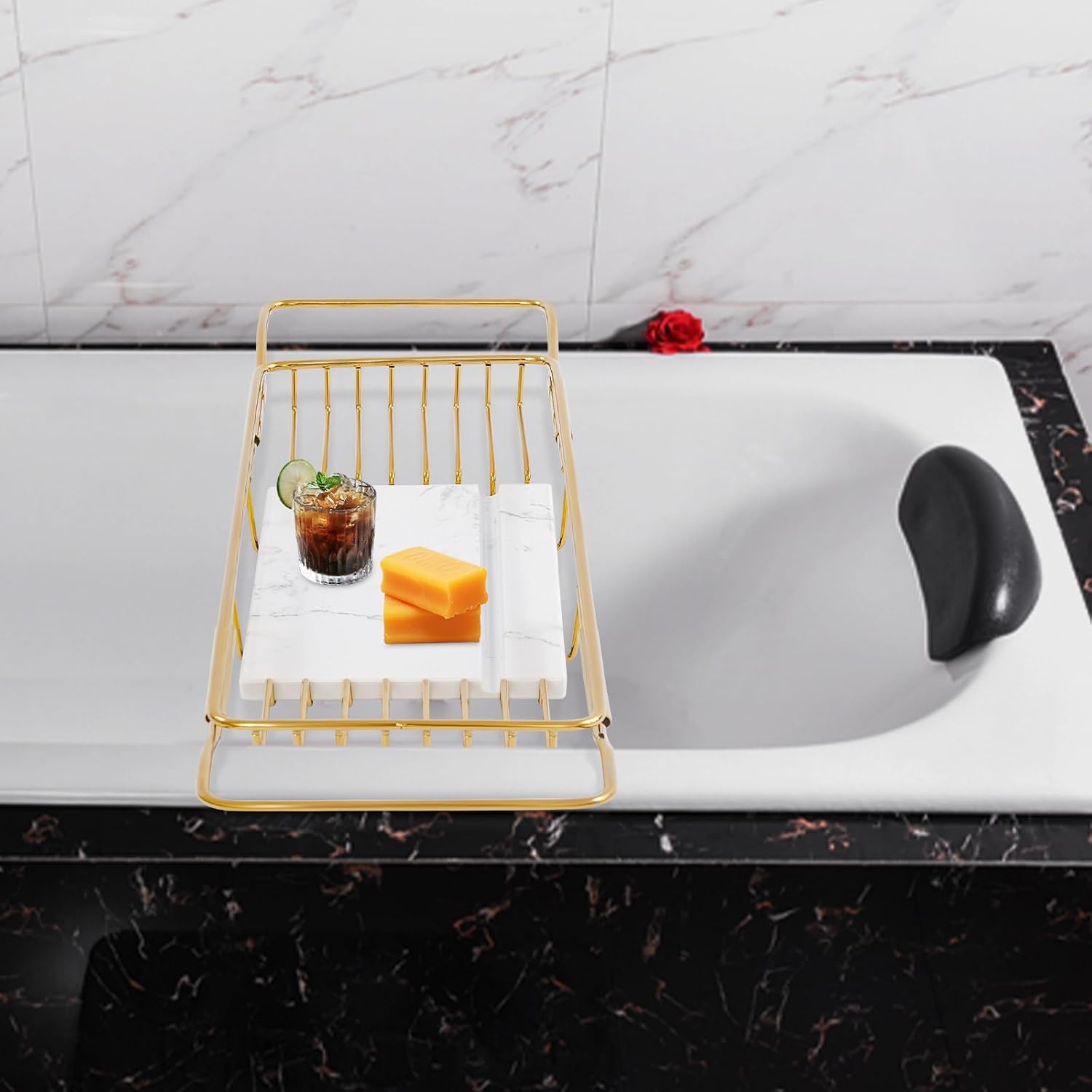 Expandable Bathtub Tray 26.8-35.4 Inches, Stainless Steel Bath Caddy with Marble Board, 44 lbs Capacity for Spa Bathroom Sink