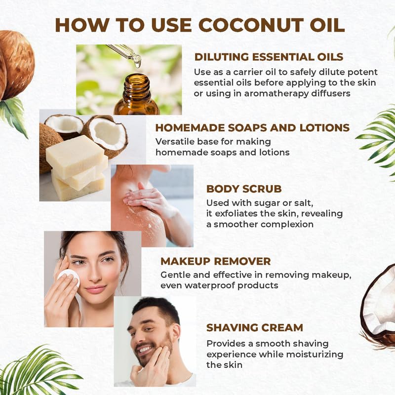Plant Based Organic Coconut Oil for Skin & Hair | Pure Coconut Hair Oil for Damaged Hair, Deep Moisturization & Massage | Cold Pressed Body Oil after shower | Aceite de Coco Para el Cabello