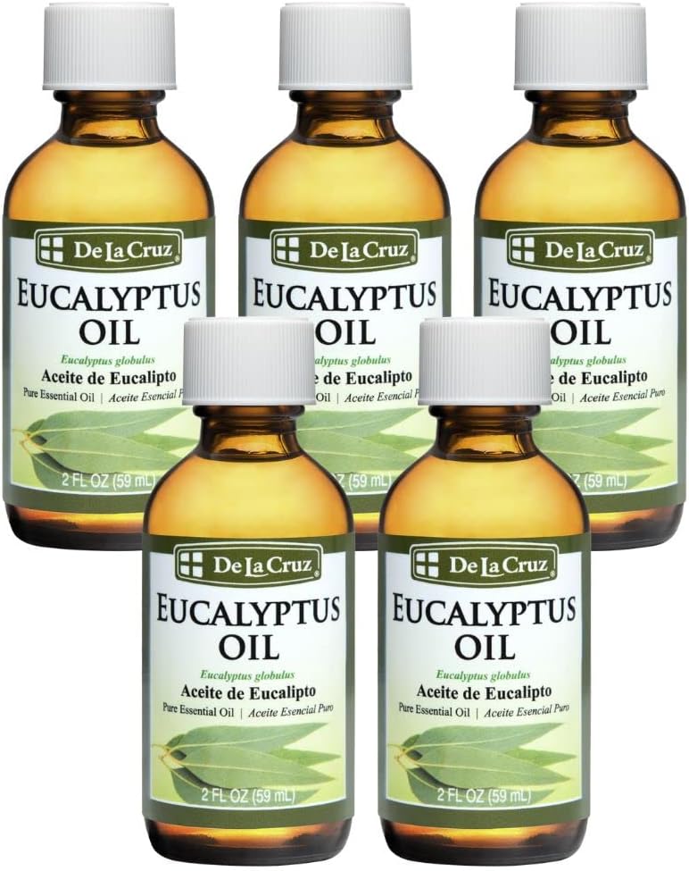 De La Cruz Eucalyptus Essential Oil Aromatherapy for Diffuser or Humidifier, 100% Pure Steam Distilled Eucalyptus Globulus 2 FL OZ (5 Bottles)