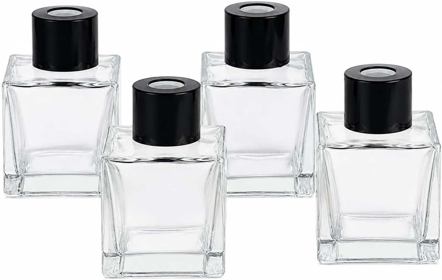 50ml Square Glass Diffuser Bottles Set of 4 Clear Aromatherapy Reed Diffuser Bottles with Black Caps Empty Essential Oil Fragrance Bottles for Home Decor DIY Perfume Diffuser