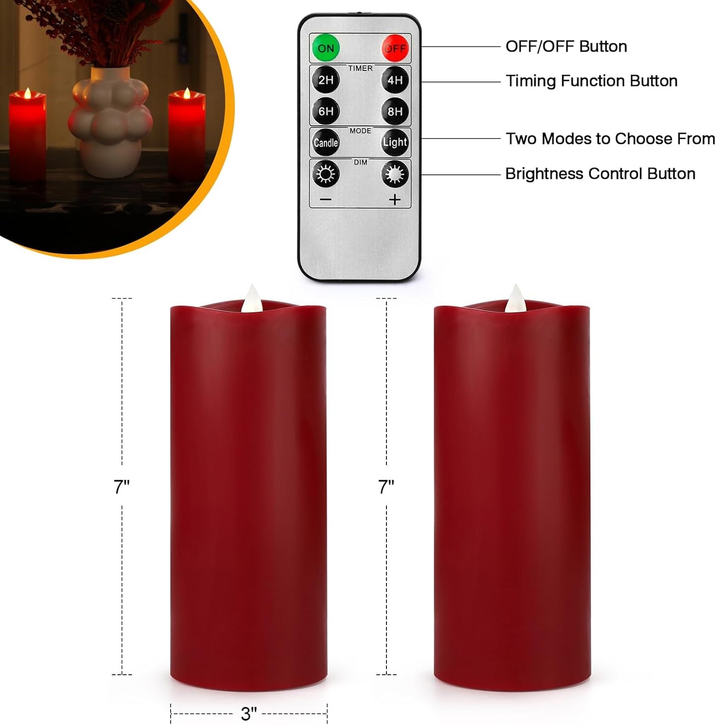 Enpornk 7” x 3” Flameless Candles, Flickering Moving Flame LED Candles, Battery Operated Candles with Remote and Timers, Burgundy, Set of 2