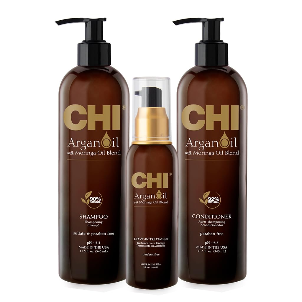 CHI Argan Oil Luxe Trio Kit, Professional Salon Quality Shampoo, Conditioner & Moringa Oil for Dry Damaged Hair Repair, Frizz Control, Moisture & Shine