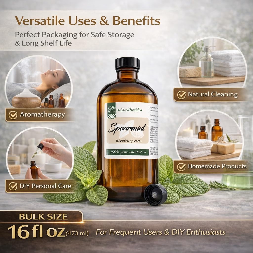 Spearmint Essential Oil – 16 fl oz (473 ml) – 100% Pure & Natural Mentha Spicata – Therapeutic Grade Bulk Essential Oil in Amber Glass Bottle with Dropper – GreenHealth