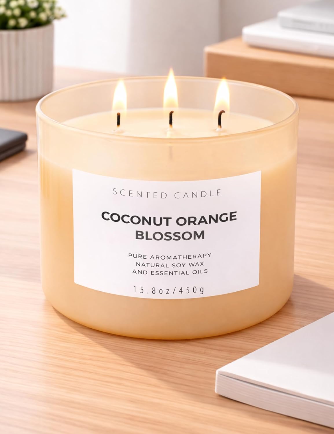 Coconut Orange Blossom Candle | 3-Wick Large Soy Candle 15.8 oz | Creamy Tropical Citrus Floral Scented Candles for Home | Strong Throw, Clean Burn Long Lasting | Aromatherapy Gift for Women