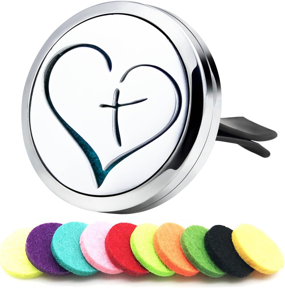 AZNECK Car Essential Oil Diffuser Vent Clip - Cross Love Style - Stainless Steel - 10 Refill Pads - Car, Office, Bedroom, Bathroom - Aromatherapy - Magnetic Closure