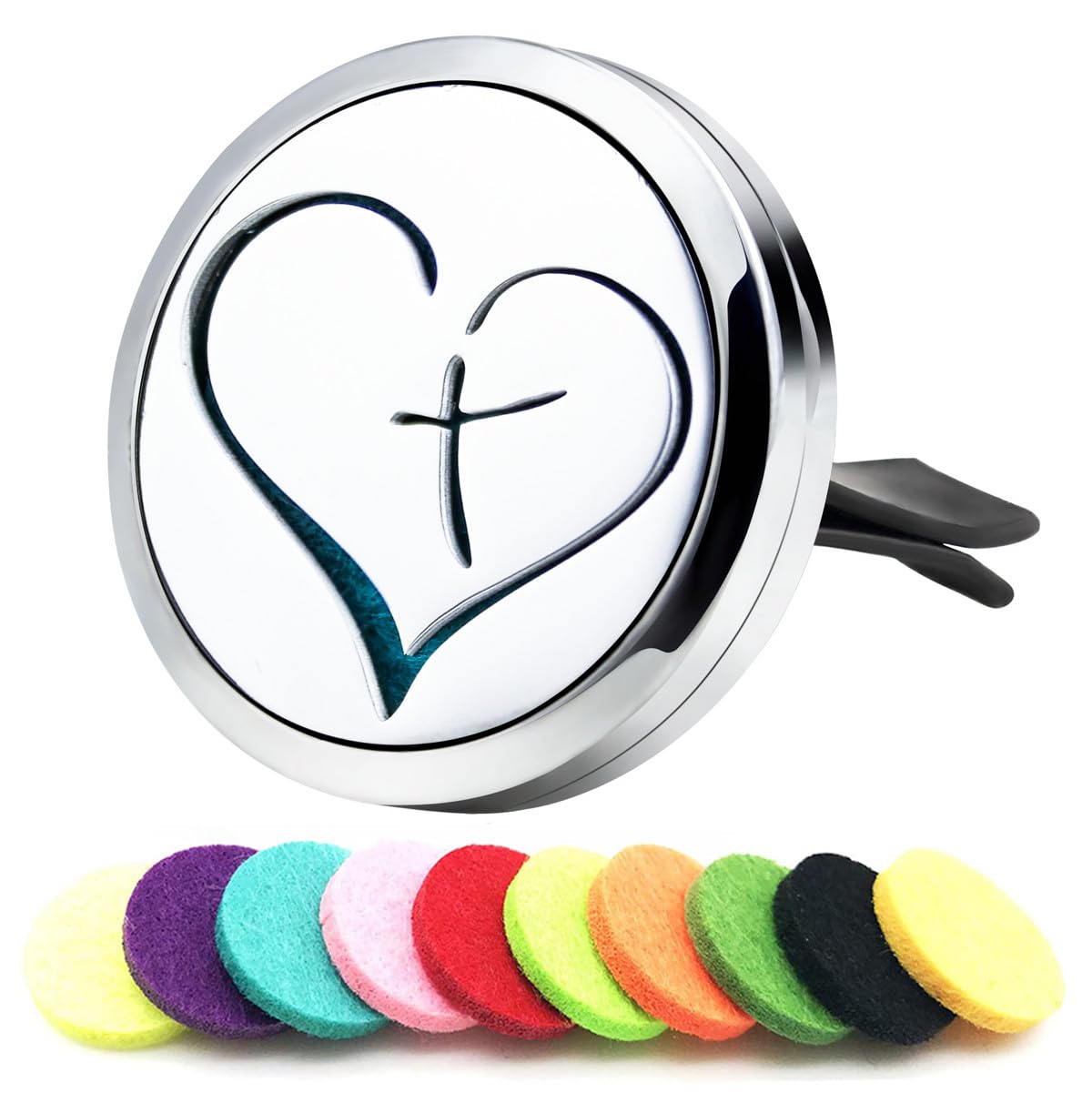 AZNECK Car Essential Oil Diffuser Vent Clip - Cross Love Style - Stainless Steel - 10 Refill Pads - Car