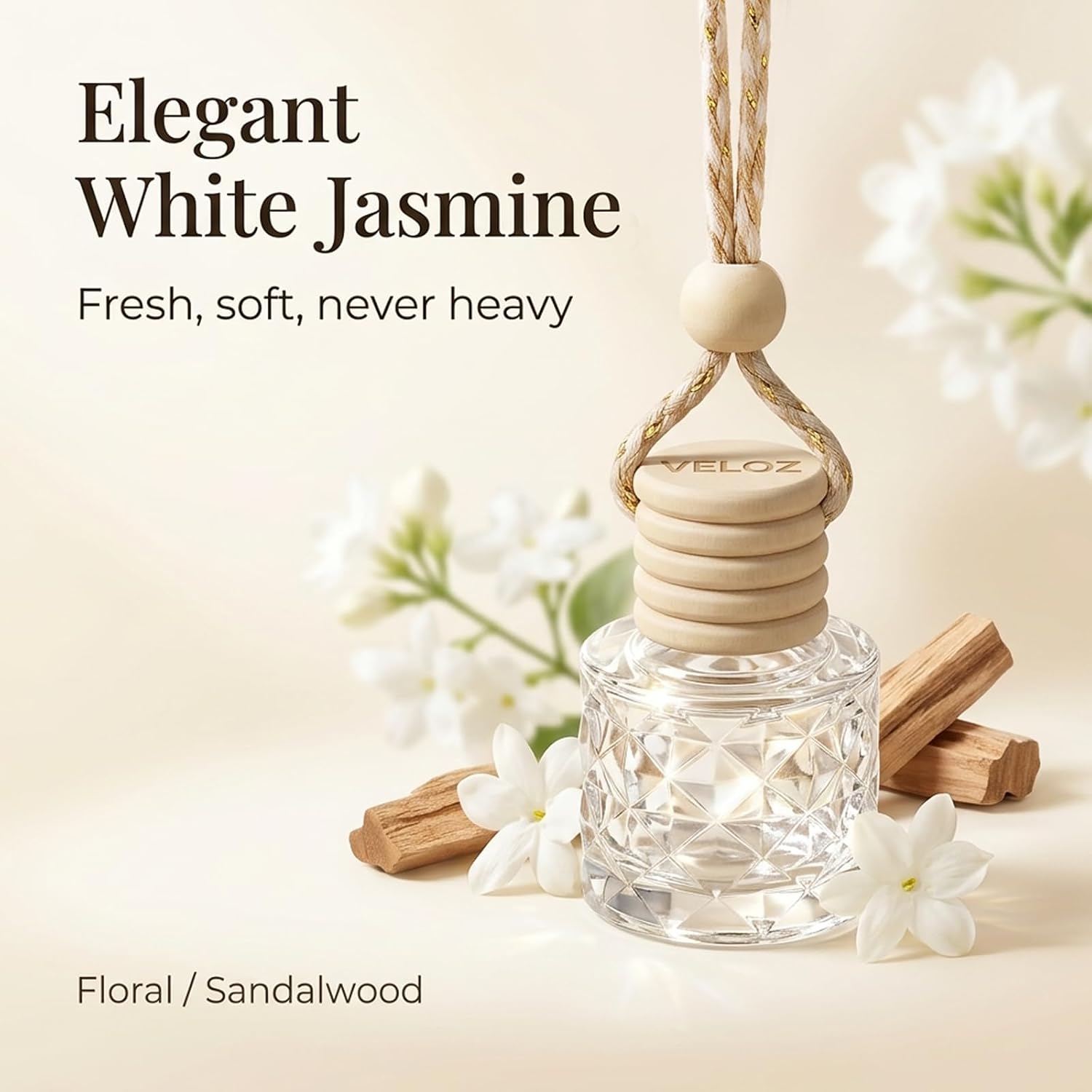 Hanging Car Air Freshener Diffuser, White Jasmine Essential Oil Car Freshener, Rearview Mirror Car Diffuser, Cute Glass Car Accessory for Women, Long Lasting Car Interior Freshener