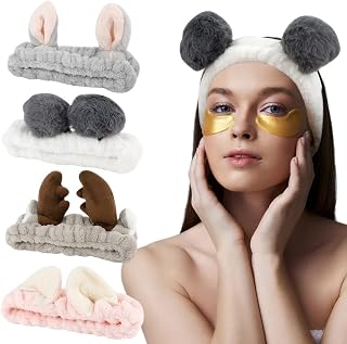 AHONEY Animals Ears Headbands, Cute Makeup Spa Fuzzy Skincare Headband for Washing Face Headband for Women Girls Coral Fleece Elastic Hair Band Cosplay Makeup Party, 4Pcs