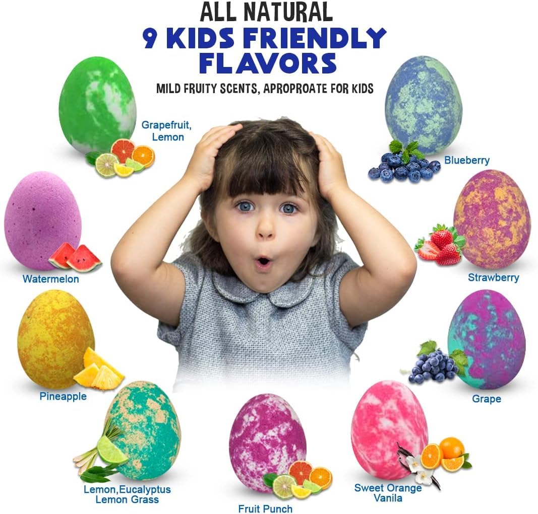 Bath Bombs for Kids with Surprise Toys Inside Plus Dinosaur Puzzle - Set of 9 Organic Dino Egg Bath Bombs with Rich Bubbles, Birthday Gifts for Kids
