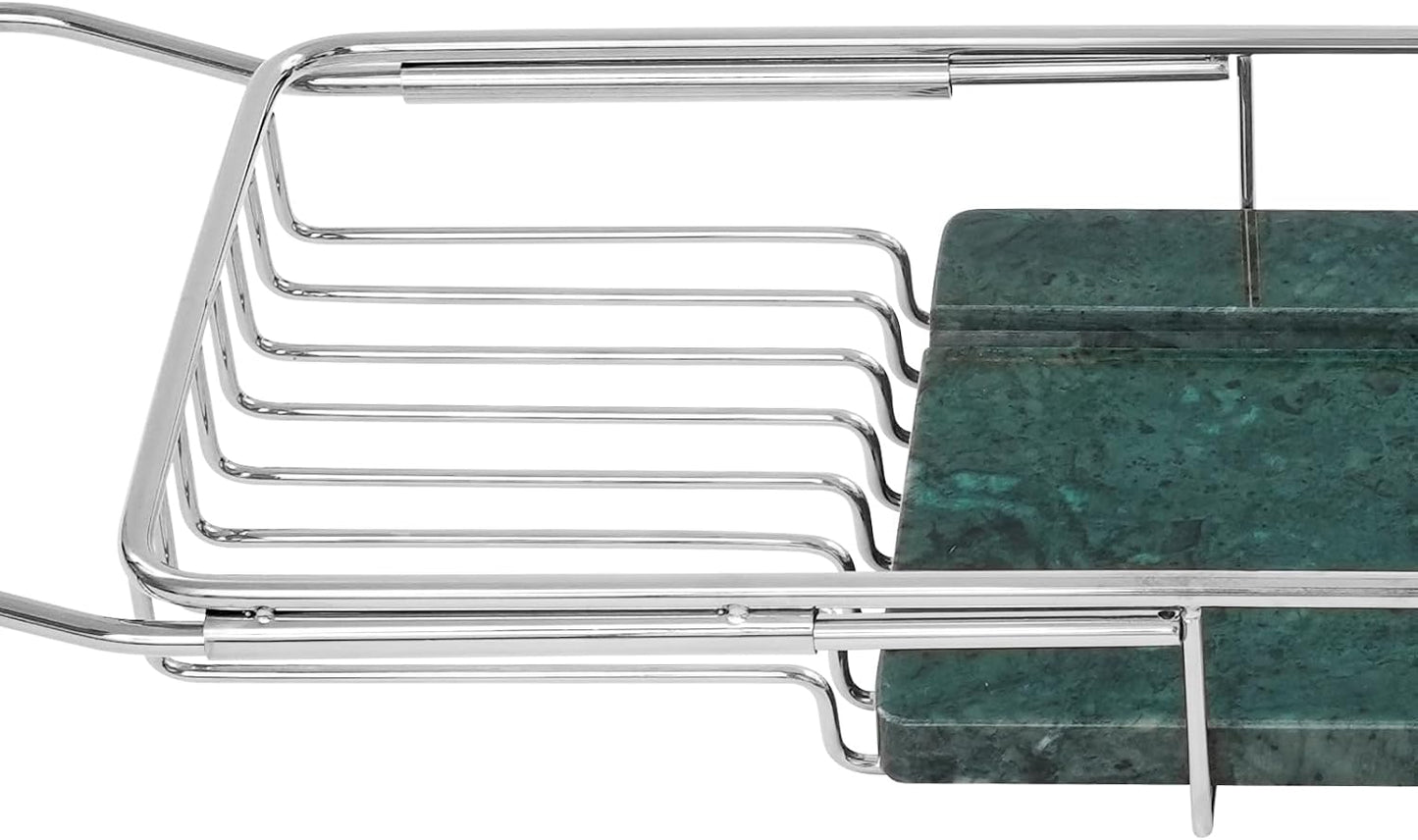 Expandable Bathtub Tray Caddy, Stainless Steel Bath Table Tray Adjustable & Rustproof Bath Caddy Bath Organizer Tub Shelf with Marble Board for Spa, Relaxation, Bath Bombs (Silver + Green)