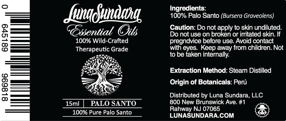 Palo Santo Essential Oil 0.5 oz, 100% Pure and Undiluted, Natural Aromatherapy Oil for Diffuser, Meditation and Relaxation, Sustainably Sourced from Peru, Luna Sundara