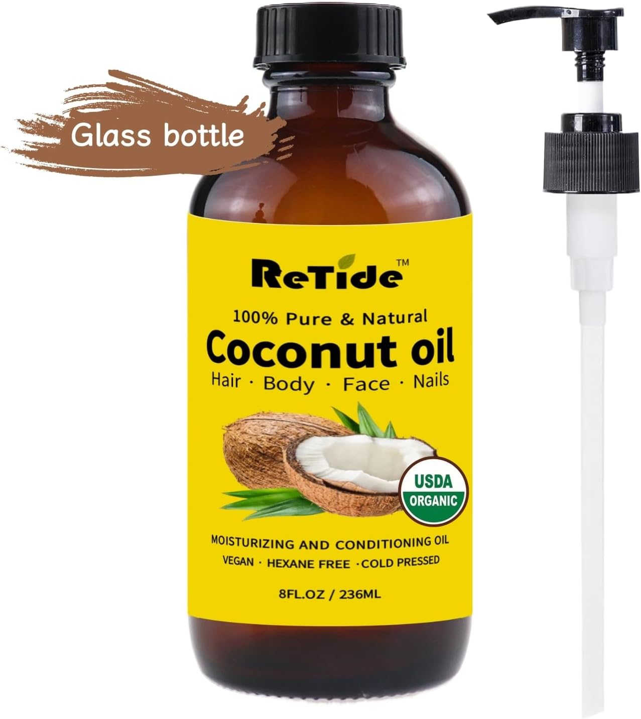 Organic Fractionated Coconut Oil, Cold Pressed Pure Liquid Carrier Oil with Pump, Hexane Free, Glass Bottle, 8 Fl Oz