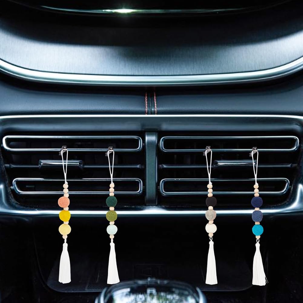 10Pcs Felt Ball Car Diffuser Aromatherapy Essential Oil Car Vent Clip Diffuser Felt Wooden Bead Bohemian Tassels Car Hanging Ornament Clip for Car Air Freshener Vent Diffuser Car Decor Charm