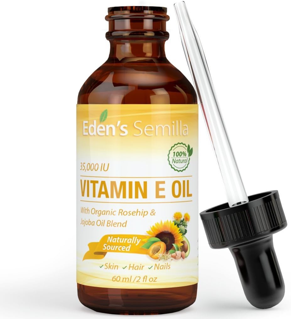 100% Plant Extract Vitamin E Oil 35,000 IU + Organic Rosehip & Jojoba Blend - Fast Absorbing Skin Protection for Face & Body. Pure Ingredients - Ideal for Sensitive Skin - Use Daily