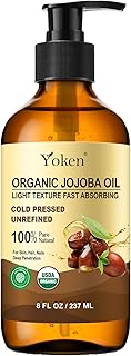 Yoken Organic Jojoba Oil Glass Bottle 8 fl oz, USDA Certified 100% Pure & Natural Jojoba Oil for Hair, Skin & Face, Cold Pressed Unrefined Hexane Free, Deeply Moisturizing Body Serum Oils for Gua Sha