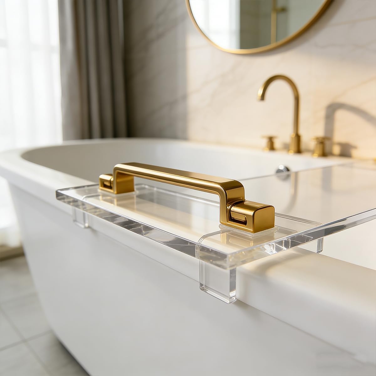 33in Clear Acrylic Bathtub Caddy with Metal Handles, Multifunctional Bath Tub Tray Bathtub Shelf Tray Simple Bath Board for Wine Glass,Book & Bathroom Essentials, Tubs Spa Gift for Men & Women
