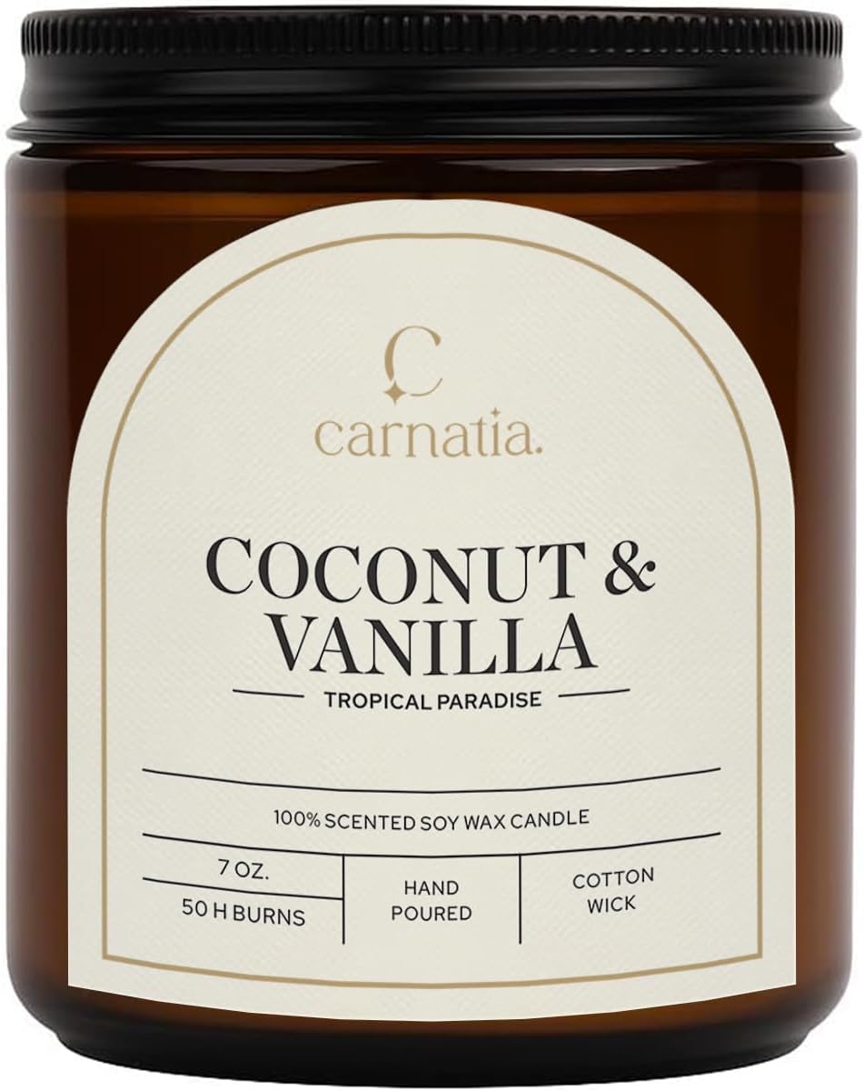 Carnatia Coconut & Vanilla Scented Candle – 7 oz | 100% Soy Wax with Cotton Wick | 50 Hour Burn | Aromatherapy Candle for Home, Stress Relief & Relaxation | Gift for Women & Men