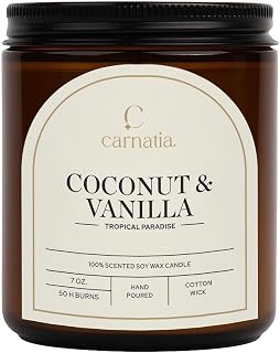 Carnatia Coconut & Vanilla Scented Candle – 7 oz | 100% Soy Wax with Cotton Wick | 50 Hour Burn | Aromatherapy Candle for Home, Stress Relief & Relaxation | Gift for Women & Men