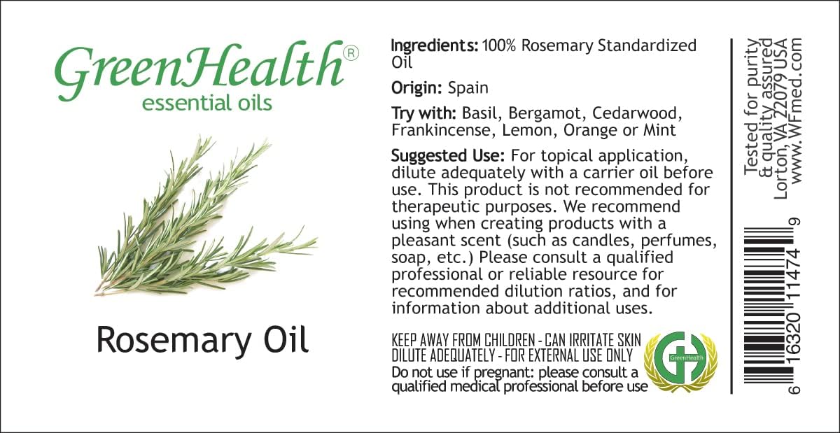 GreenHealth Rosemary Essential Oil - 4 fl oz (118 ml) Glass Bottle with Cap - 100% Pure Essential Oil