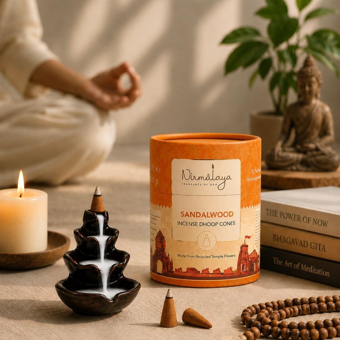 Nirmalaya Premium Bambooless Sandalwood & Rose Backflow Incense Dhoop Cones | Pack of 2 (120 Cones) | Made from Sacred Temple Flowers | Charcoal Free | 25 Min Burn Time
