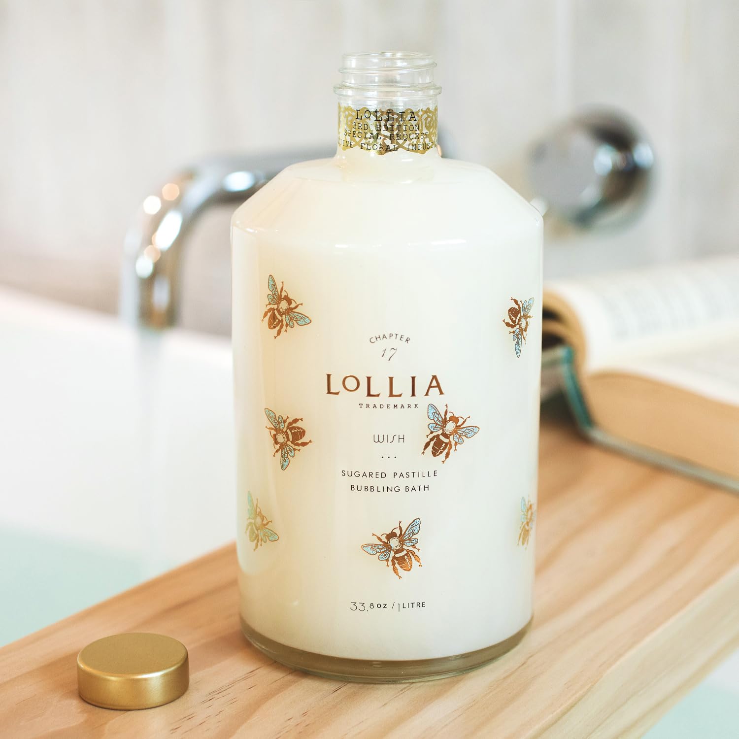 LOLLIA Wish Bubble Bath, 33.8 fl oz / 1 L, Vanilla Bean, Rice Flower, Jasmine Leaves & Sugar Cane Scent, Luxury Hydrating & Relaxing Bubble Skin Care for Women, Delicate Bubbling Bath, Glass Bottle