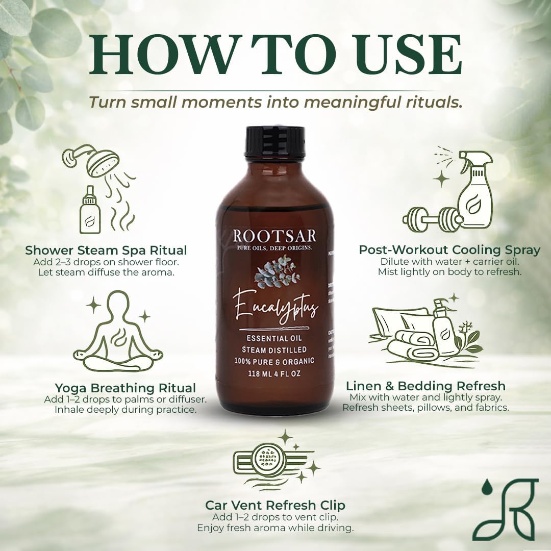 Eucalyptus Essential Oil – 100% Pure Organic Eucalyptus Oil, Steam Distilled, 4 FL OZ / 118 ML – Premium Essential Oil for Diffuser, Aromatherapy, Massage, Skin Care, Candle & Soap Making