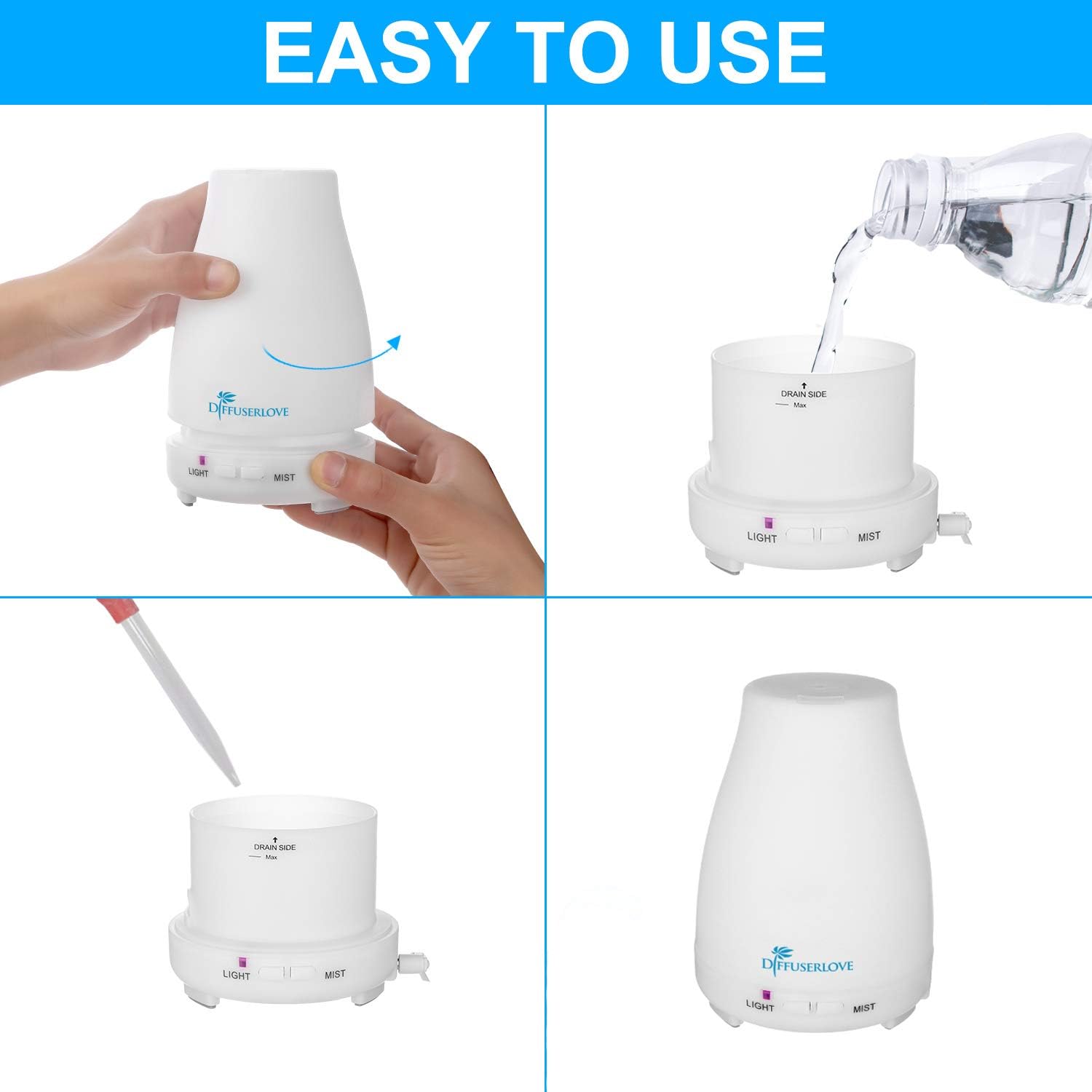 Diffuserlove Essential Oil Diffusers 200ML Remote Control Ultrasonic Mist Humidifiers BPA-Free Aromatherapy Diffuser with 7 Color Lights, Auto Shut-Off for Bedroom Office Kitchen
