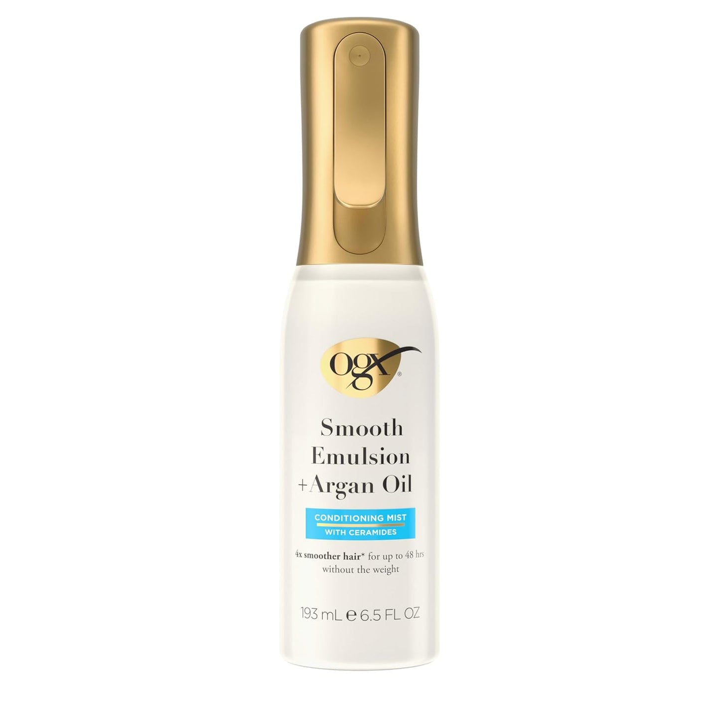 OGX Smooth Emulsion + Argan Oil Conditioning Hair Mist, Damage Repair Spray with Ceramides for 4x Smoother Hair* for up to 48 Hours Without the Weight, 450°F Heat Protection, 6.5 fl. oz