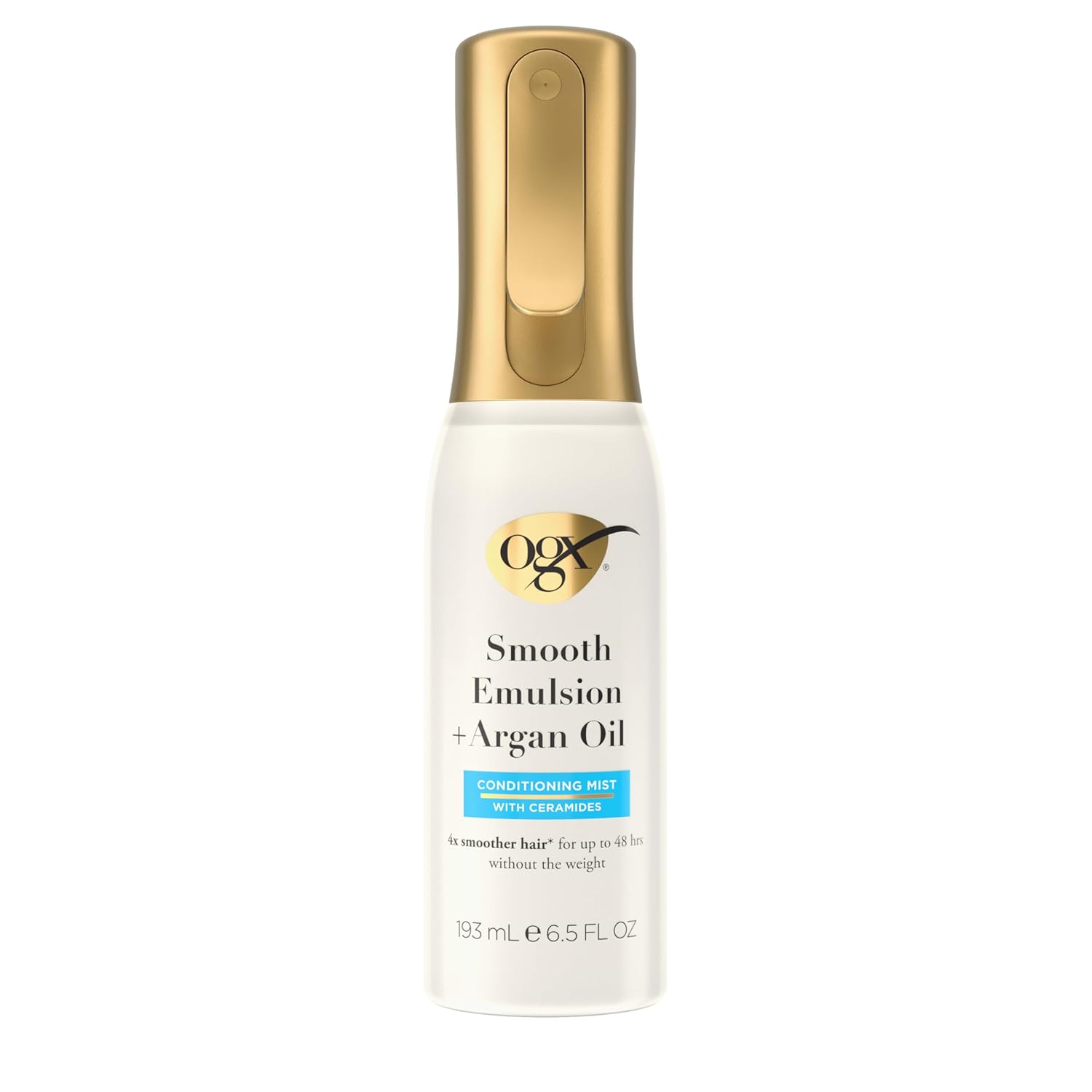 OGX Smooth Emulsion + Argan Oil Conditioning Hair Mist, Damage Repair Spray with Ceramides for 4x Smoother Hair* for up to 48 Hours Without the Weight, 450°F Heat Protection, 6.5 fl. oz