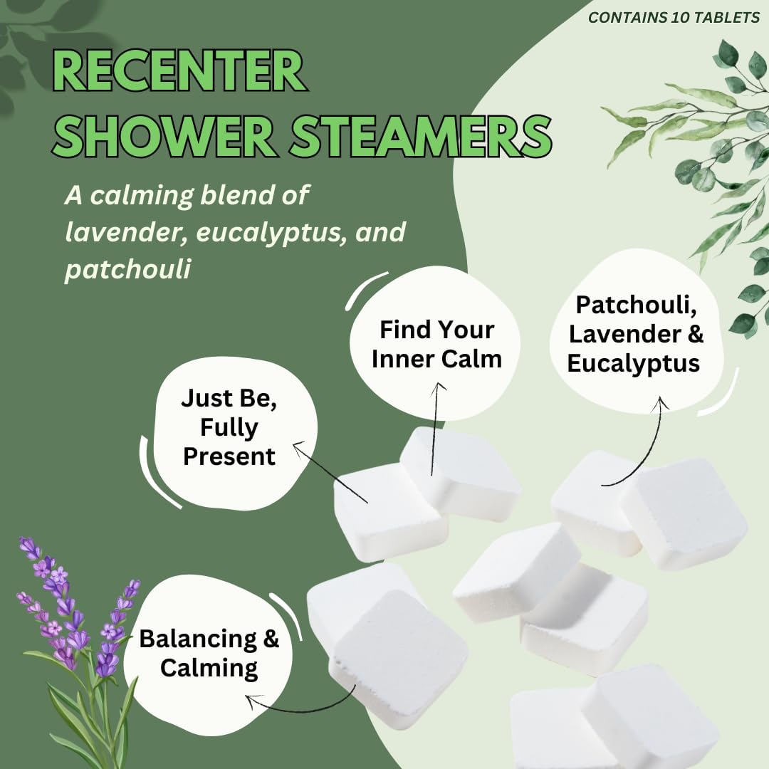 Recenter Shower Steamers Aromatherapy for Relaxing - USA Made Mothers Day Gift for Her - Lavender & Eucalyptus Shower Bomb Tablets – Soothing Natural Essential Oils (10 Pack)