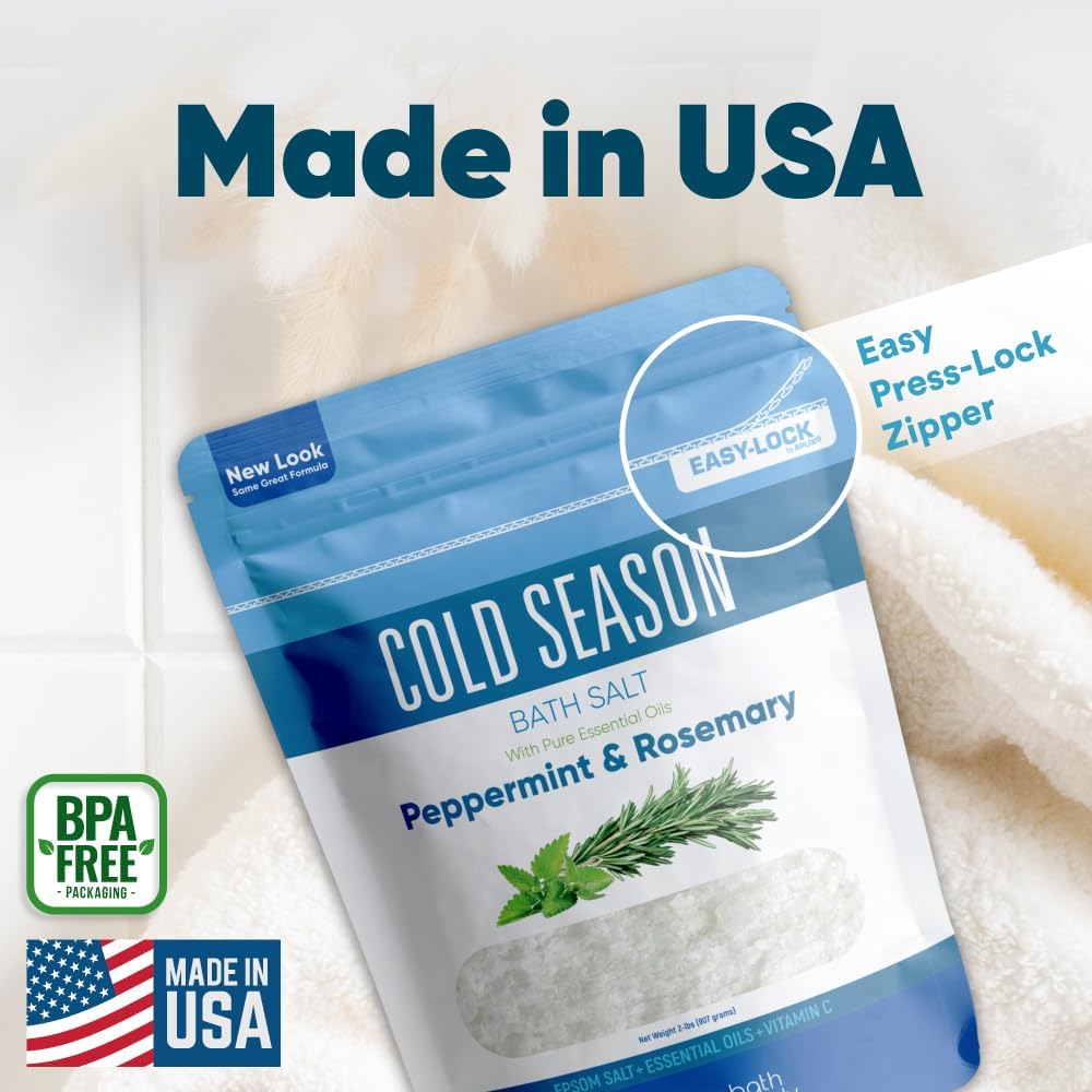 Cold Season Bath Salt 32 Ounces (2 Lbs) USP Grade Epsom Salt with Natural Rosemary and Peppermint Pure Essential Oils Plus Vitamin C in BPA Free Pouch with Easy Press Lock Seal Made in USA