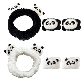 6PCS Cute Cat Ears Spa Headband for Washing Face Makeup Skincare Headband with Wrist Bands, Sleepover Party Supplies for Women/Teen Girl Trendy Stuff Present (6PCS Panda, standard size)