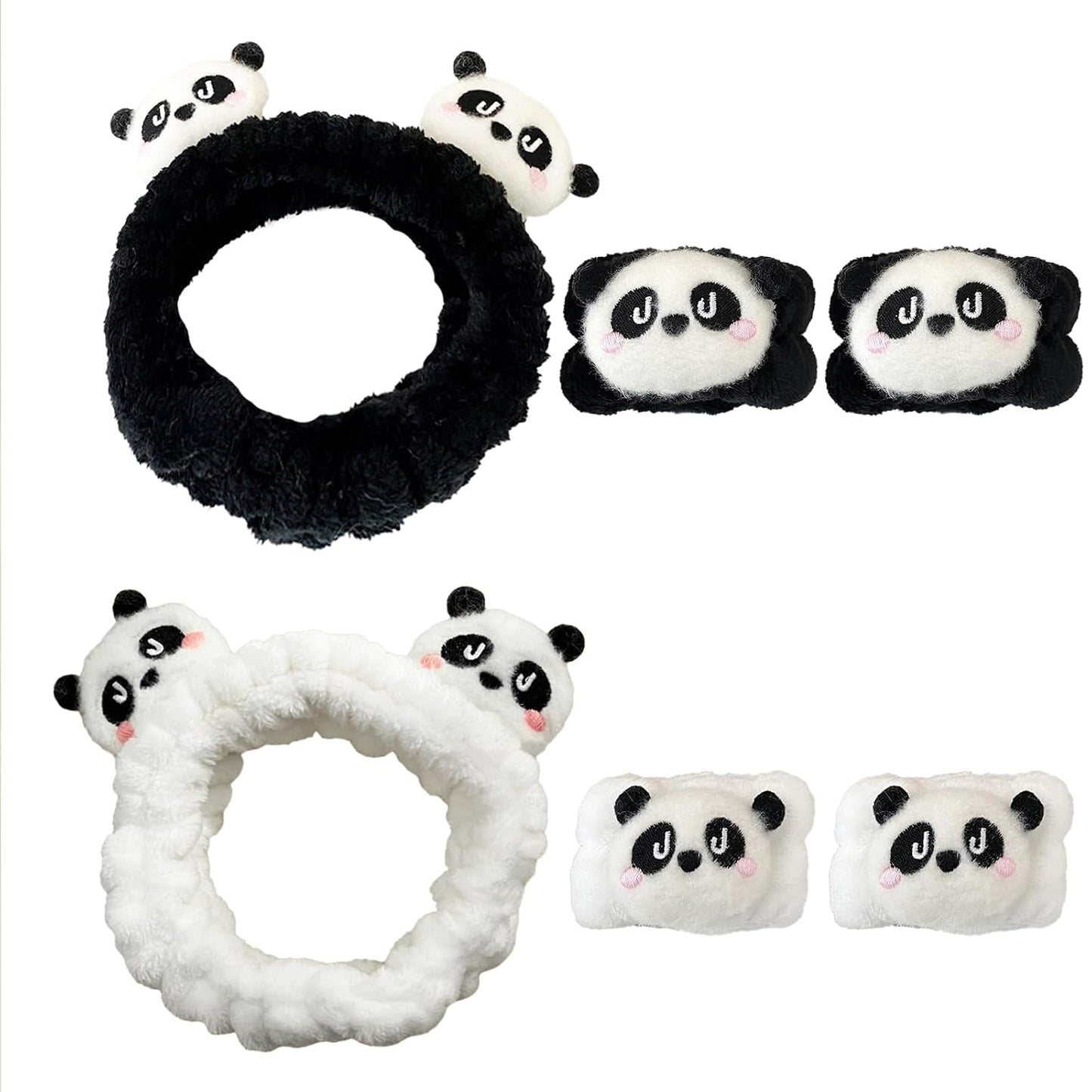 6PCS Cute Cat Ears Spa Headband for Washing Face Makeup Skincare Headband with Wrist Bands, Sleepover Party Supplies for Women/Teen Girl Trendy Stuff Present (6PCS Panda, standard size)