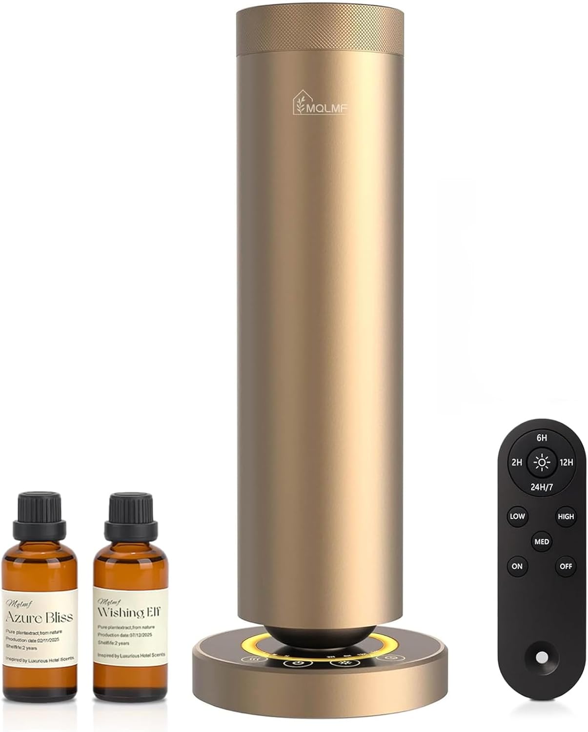 Waterless Diffuser,1500 Sq Ft,Ring Ambient Light,USB Plug-in & Rechargeable,Aluminum,Remote Control&Touch Buttons,Adjustable Fragrance&Timer,Hotel Collection Scent Machine - Gold