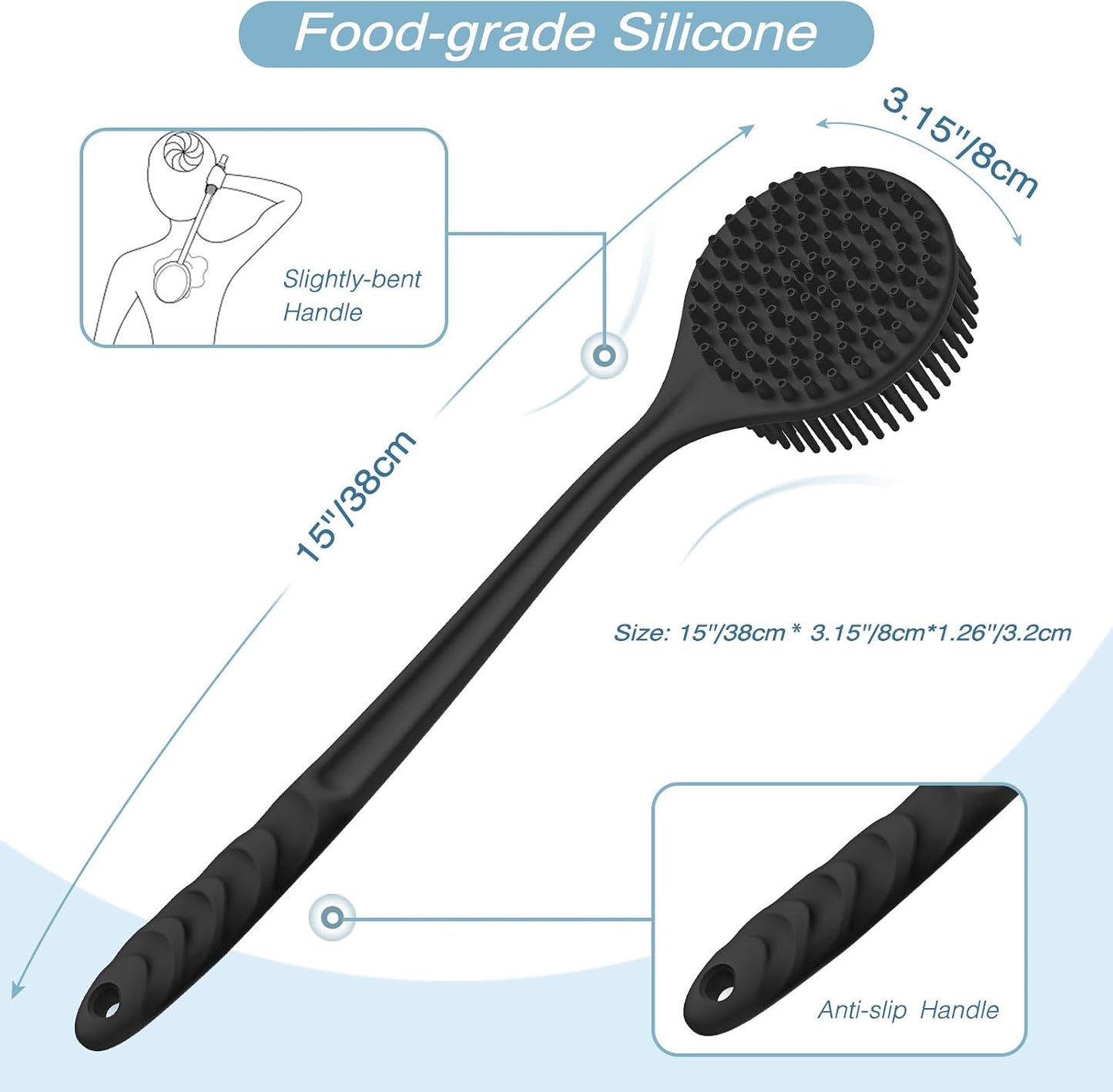 Manmihealth Silicone Back Scrubber (Thick Bristles) & Bath Glove & Face Brush Set (3PCS), Super-Exfoliating & Lathering Body Scrubber, Shower Brush, Face Scrubber Combination, with a Free Hook (Black)