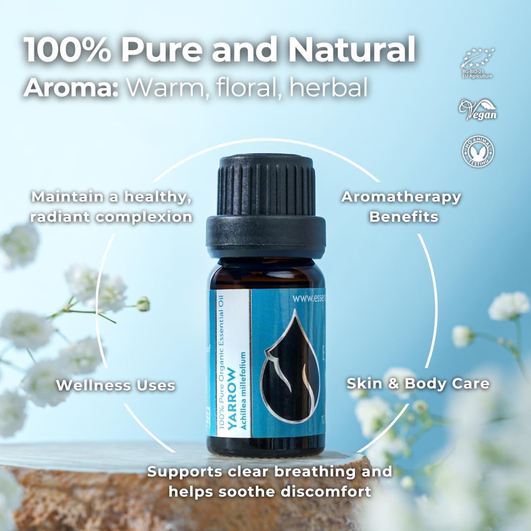 Essences Bulgaria Organic Yarrow Essential Oil 1/6 Fl Oz | 5ml | Achillea millefolium | 100% Pure and Natural | Undiluted | Therapeutic Grade | Family Owned Farm | Steam-Distilled | Non-GMO | Vegan
