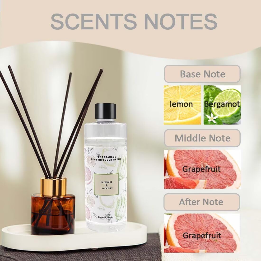 Scent Diffuser Oil Refill | 6.76 fl oz(200ml) Home Fragrance Defusers | Scented Aroma Essential Oil Reed Diffuser Bergamot&Grapefruit 200ml