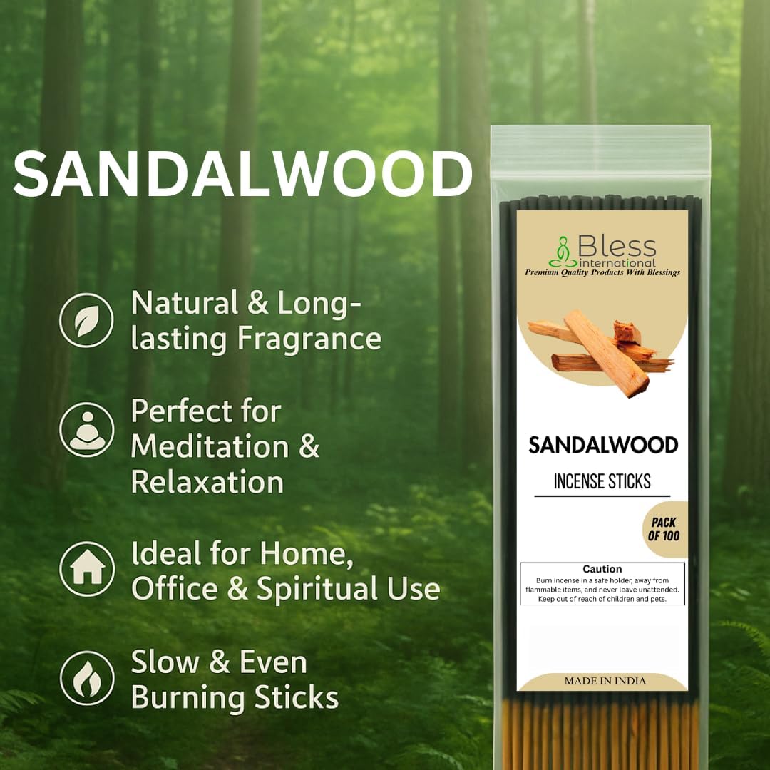 Bless-International-Sandalwood 100%-Natural-Handmade-Incense-Sticks Organic-Chemicals-Free-for-Relaxation-Positivity-Yoga-Meditation 12-Inches-1-Hour-Plus-Burning-Time-100-Sticks-250-GM